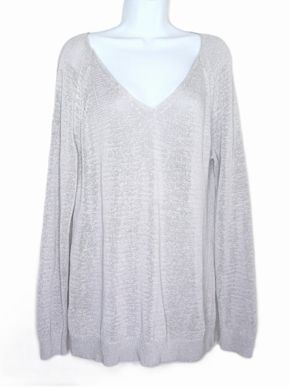 LOFT Light Gray Pullover Sweater V Neck Long Sleeve Stretch Versatile EUC Sz L